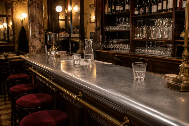 Le comptoir en zinc et ses banquettes