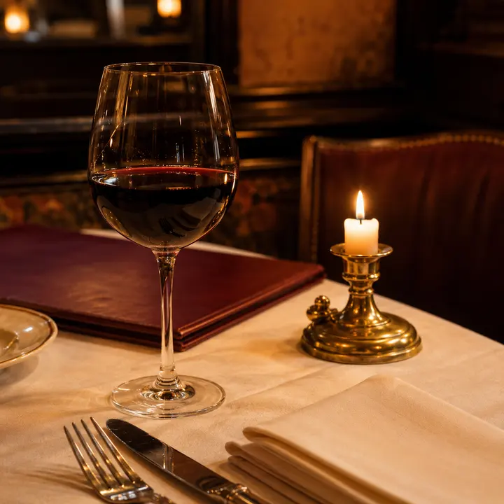 Détail de table : verre de vin et couverts