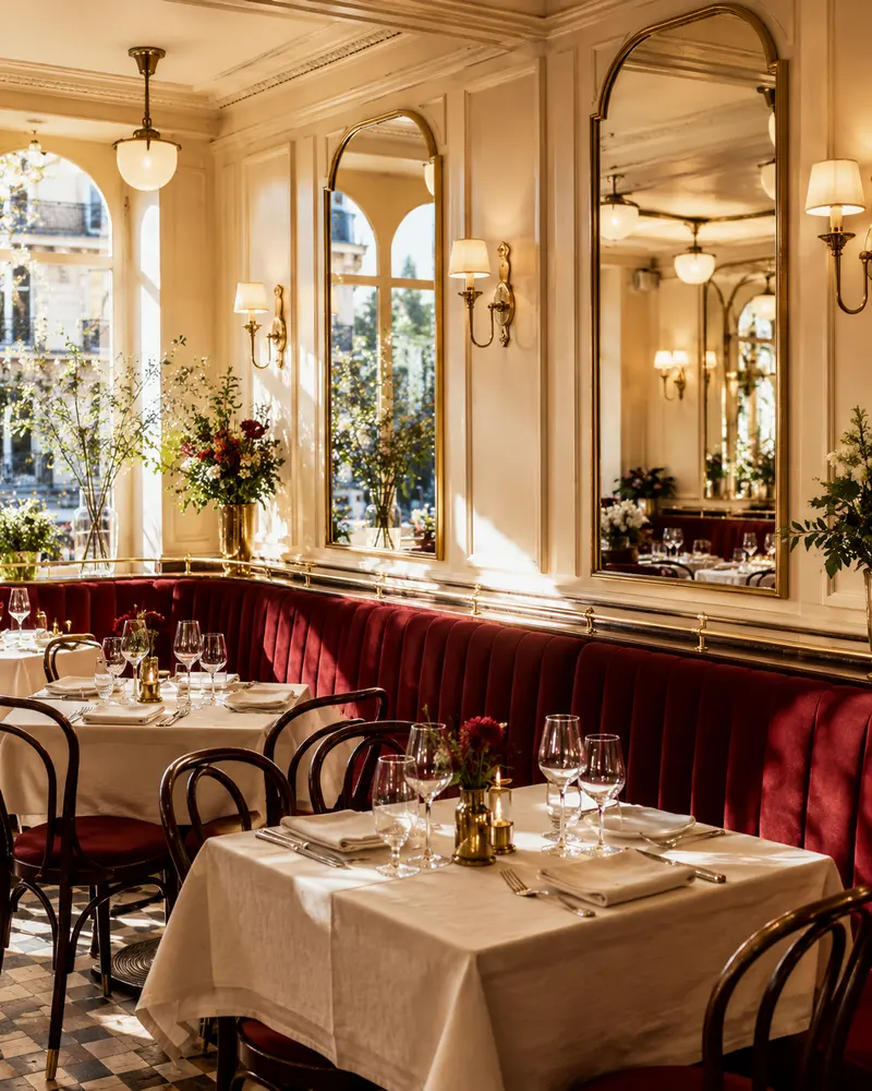La salle à manger de Chez Margot, banquettes de velours et nappes blanches